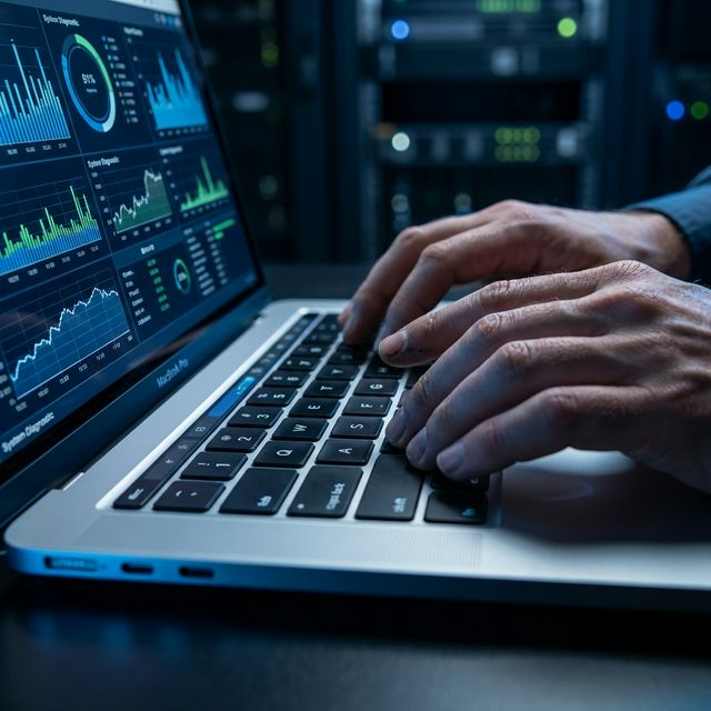 Expert hands typing on MacBook Pro diagnostics